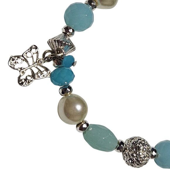 Handcrafted Boho Butterfly Charm Beaded Bracelet Stretch Aqua Beads Faux Pearls - Picture 2 of 3
